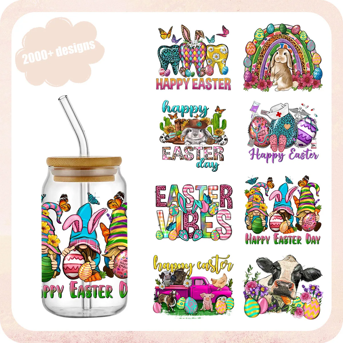 

UV DTF Transfer Sticker Easter For The 16oz Libbey Glasses Wraps Bottles Cup Can DIY Waterproof Custom Decals