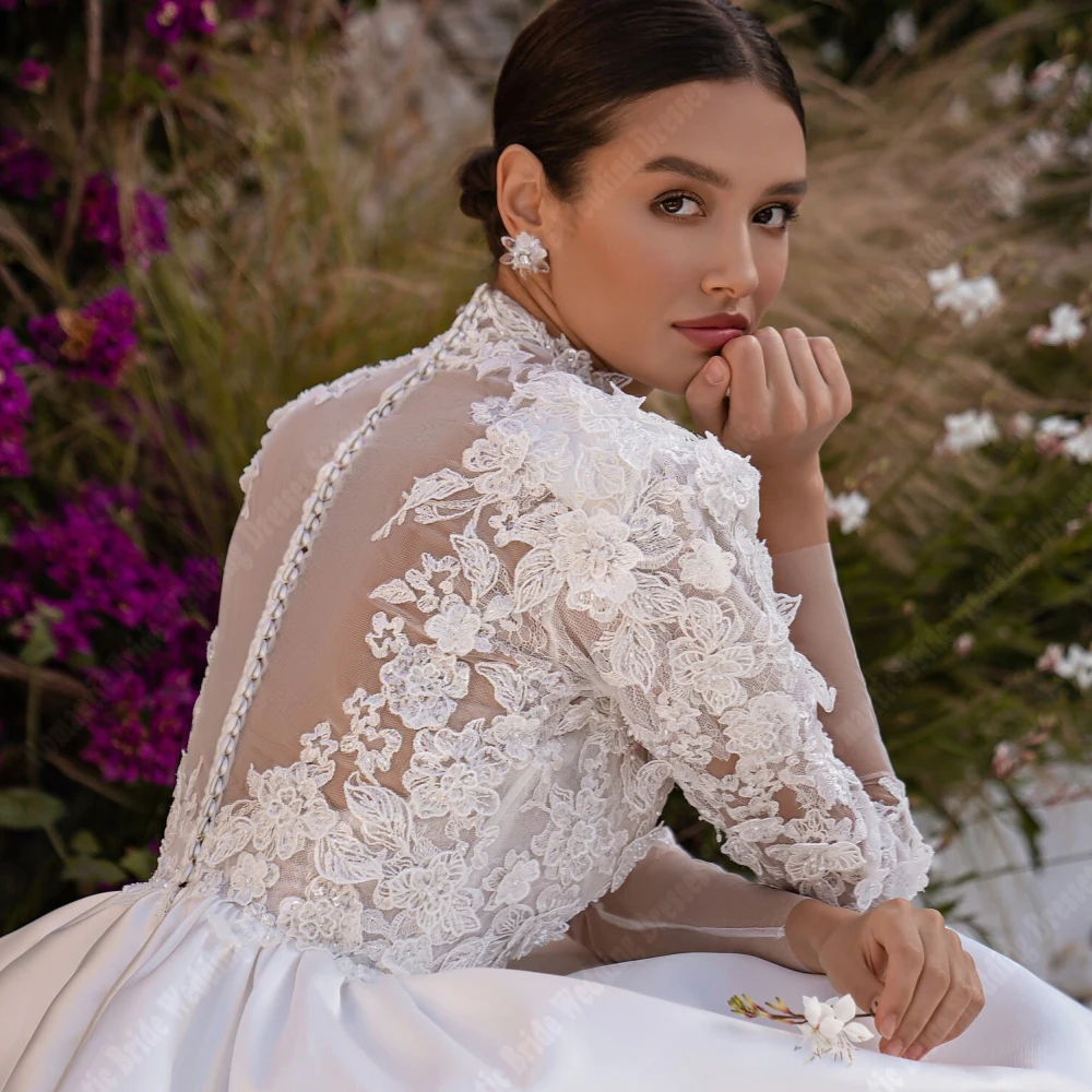 Elegant A-Line Women Wedding Dresses Popular Bright Satin Bridal Gowns Bohemian Lace Floral Print Vestido De Novias Customized 2