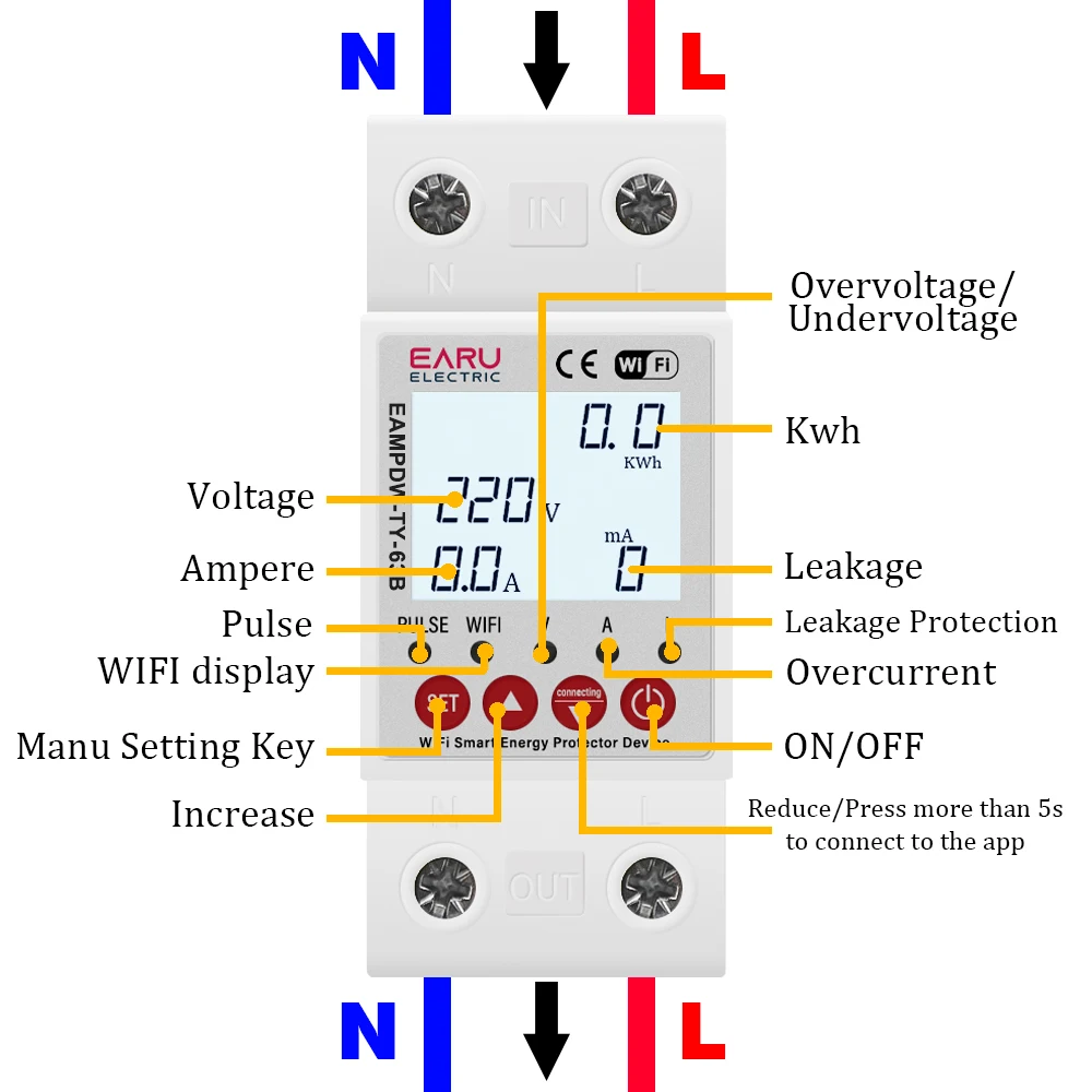 Smart Switch Circuit Breaker 2P 63A TUYA APP WiFi Earth Leakage Over Under Voltage Protector Relay Device Energy Power kWh Meter