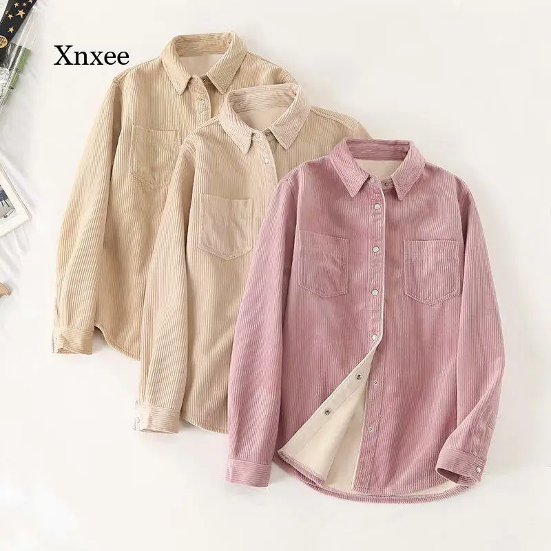 

Blouse Women Shirt Corduroy Simple Plus Velvet Blouse Women's Spring Loose Shirts Long Sleeve Top Shirt Blusas Mujer Clothing