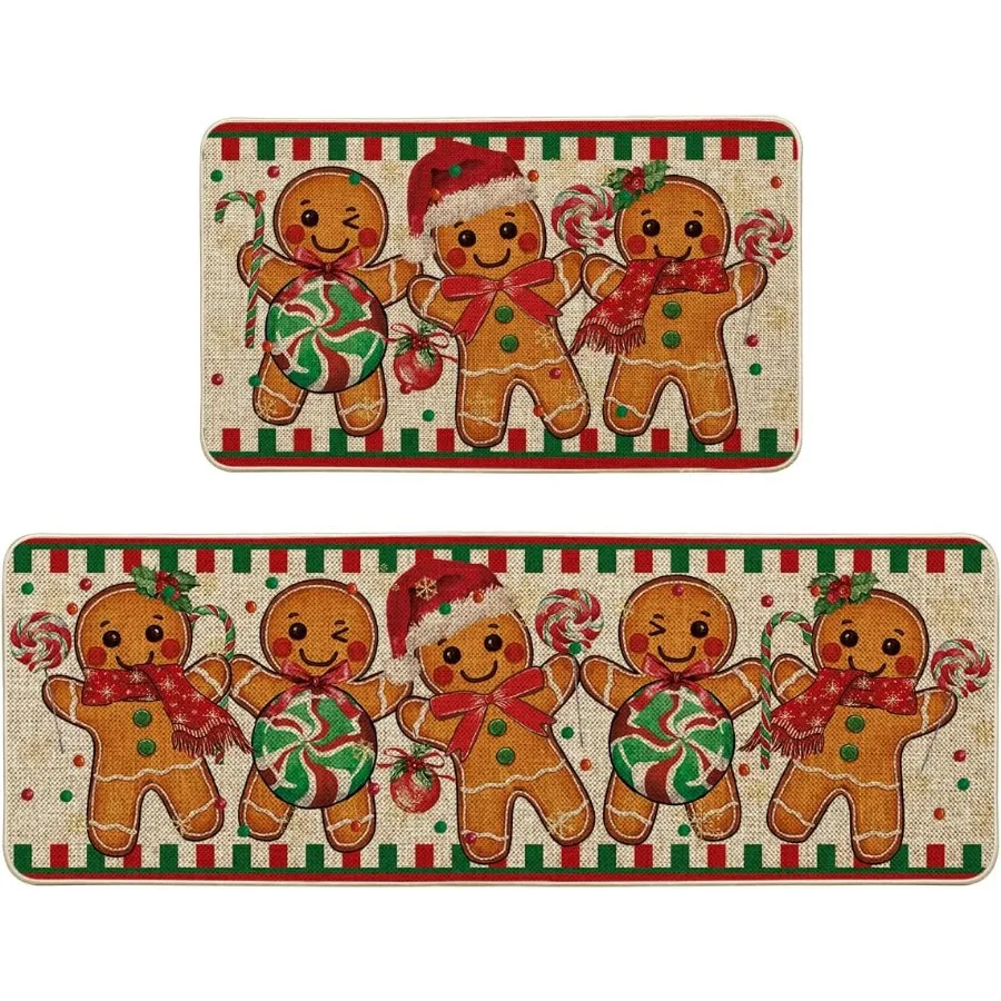 Gingerbread Candy Cane Christmas Kitchen Mats Set