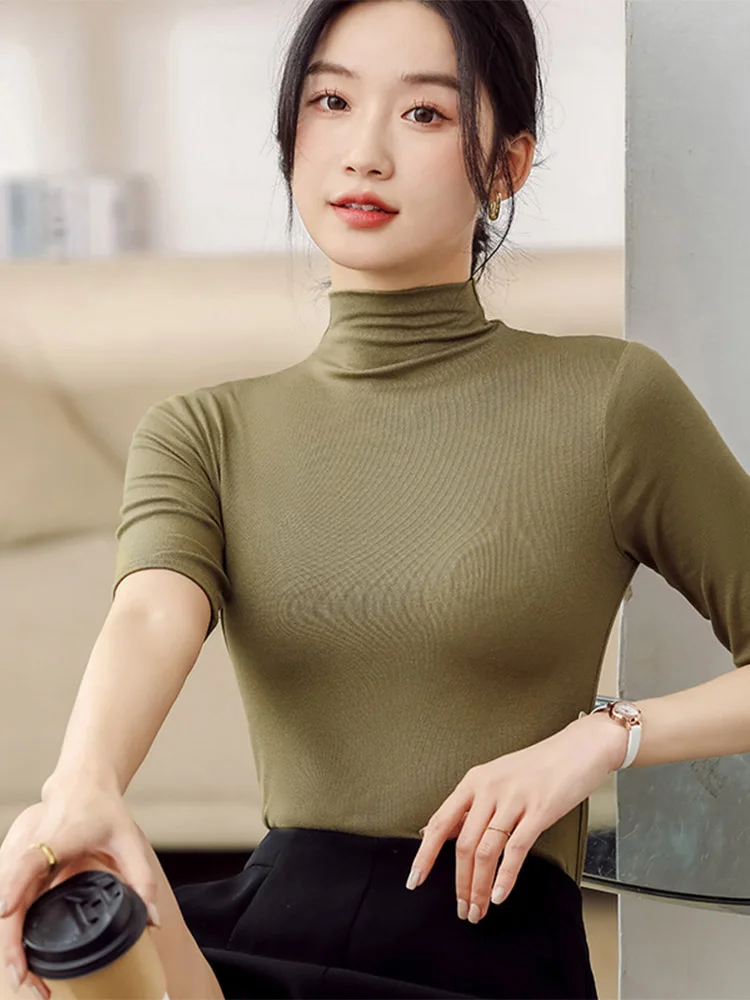 韓国 冬秋 ハーフタートルネック ボトリングシャツ 綺麗め 3色 ハーフタートルネックフリルボトミングニット トップス