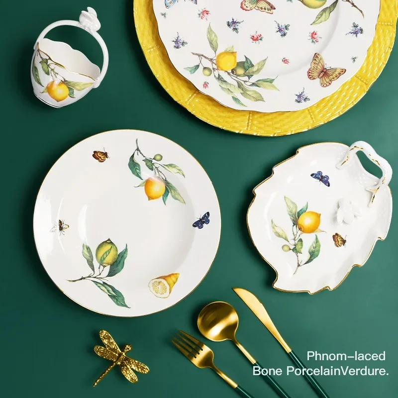 Ceramic Dinner Plate Set with Lemon Pattern for Western Cuisine