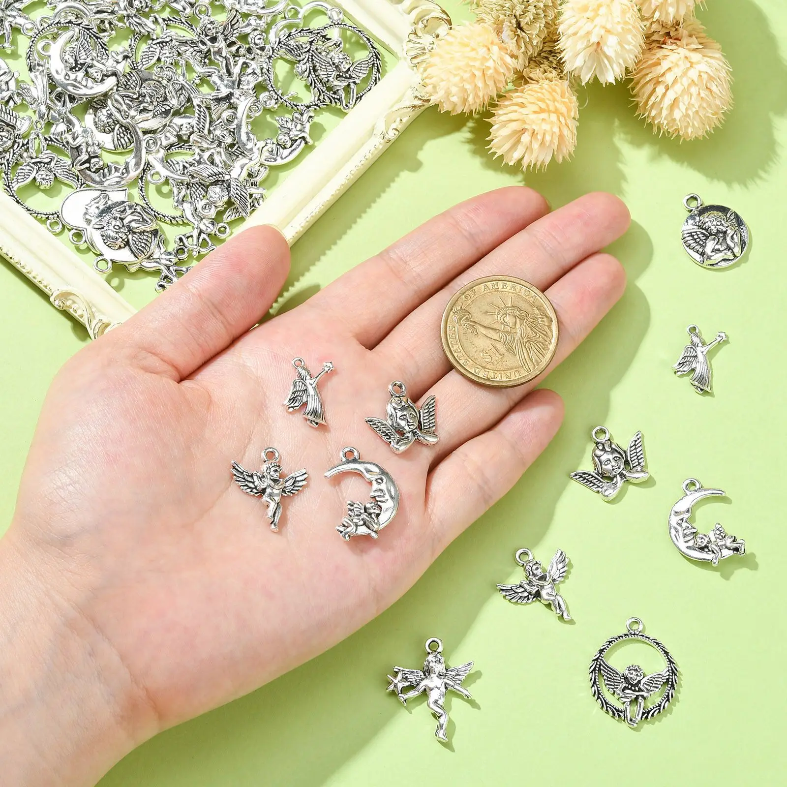 100Pcs 10 Styles Tibetan Angel Charms Antique Silver Religious Angel Charms for Necklace Bracelet Earrings Jewelry Making