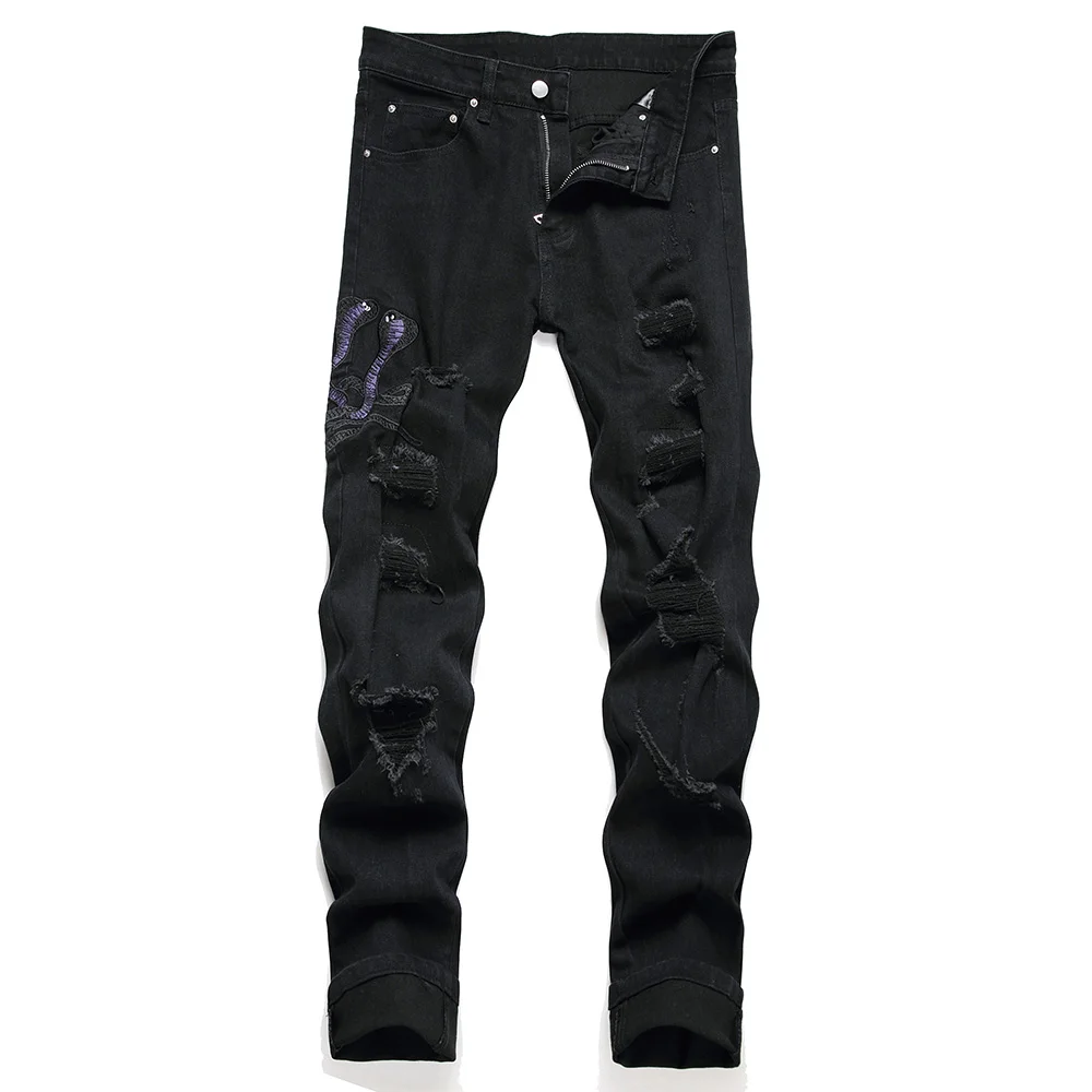 Pantalones vaqueros con bordado de serpiente para hombre, ropa de calle, pantalones vaqueros elásticos negros, pantalones rectos ajustados desgastados rasgados con agujeros