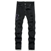 Men Snake Embroidery Jeans Streetwear Black Stretch Denim Pants Holes Ripped Distressed Slim Straight Trousers 1