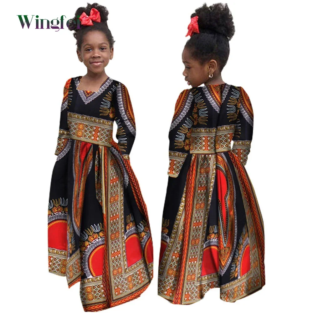 African Girl Dress Kids Dashiki Ankara Floral Print Dress Wax Cotton Long Sleeve Dresses Fashion Africa Clothes for Girl WYT61