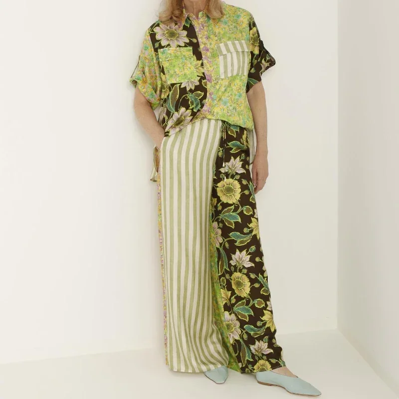 

Green High Qulity 2023 Spring Summer Beach Style Casual Floral Printing Geometric Stripes Wide Leg Pants Woman Sets for Holiday
