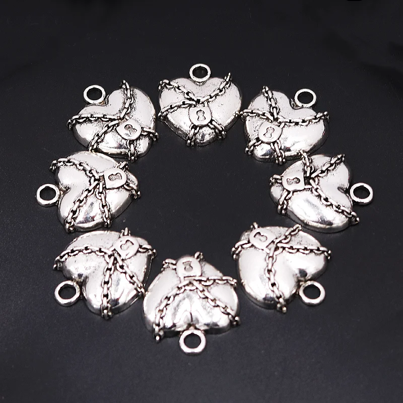 

6pcs Silver Plated Lock and Chain Hearts Pendant Retro Necklace Bracelet Metal Accessories DIY Charms For Jewelry Crafts Making