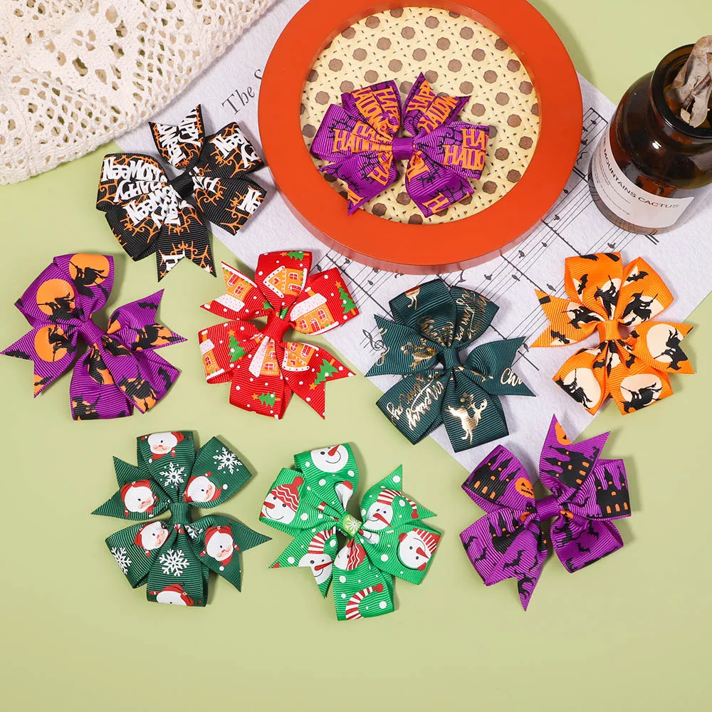 1Pack Baby Girls Christmas&Halloween Bow Printed Hair Clips Christmas Holiday Party Hairpin Kids Hair Accessories Wholesale Gift fashion men s hawaiian shirts christmas tops dog coconut tree 3d printed shirts summer beach casual shirts plus size 5xl