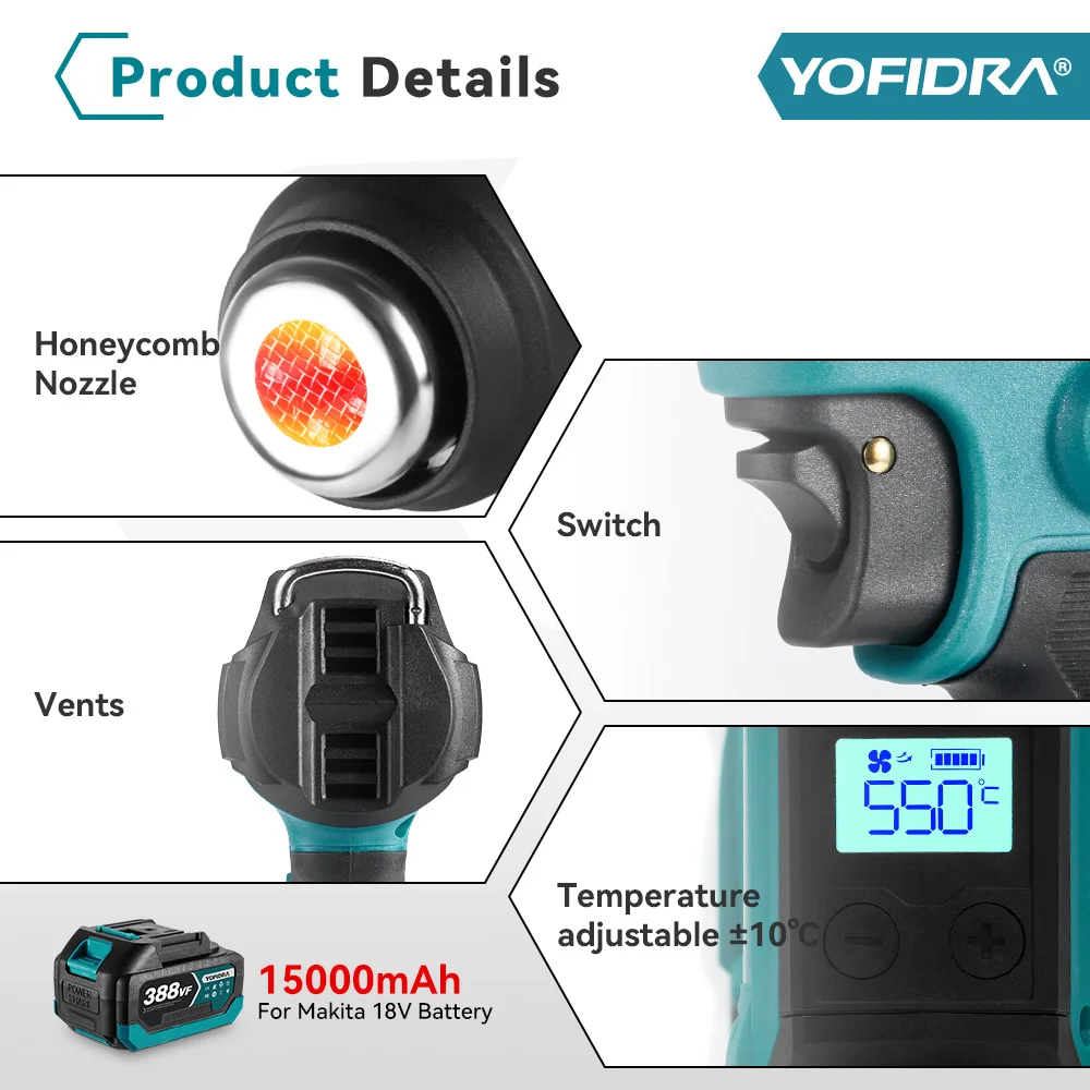 Yofidra 550℃ Hot Air Gun 2 Gears Adjustable LED Display Cordless Rechargeable Industrial Home Tools For Makita 18V Battery