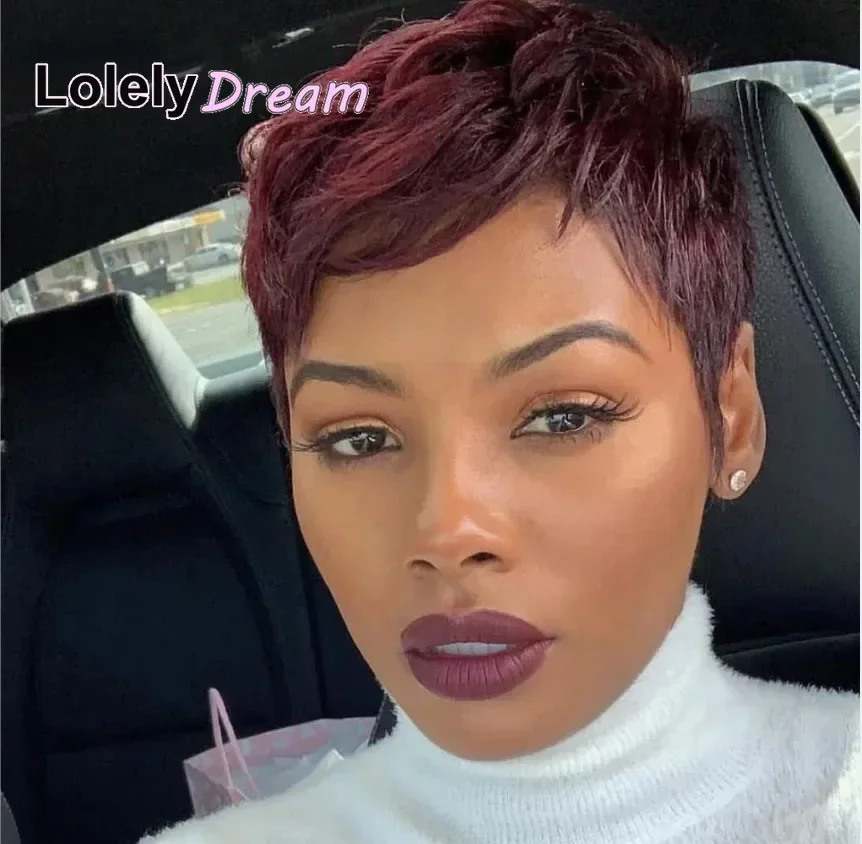 Lolely Dream Straight Remy Human Hair Wigs For Women Full Machine Made Burgundy 99J Color Short Bob Pixie Cut Wig With Bangs