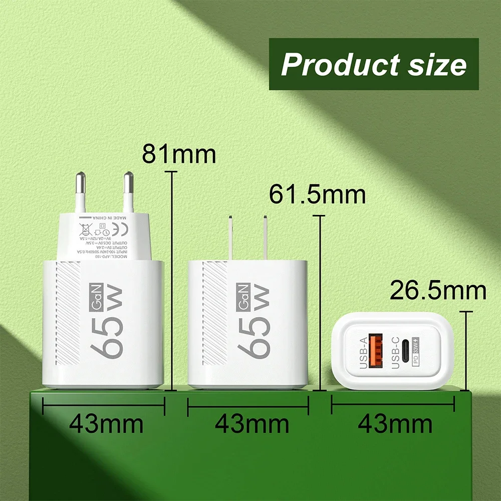 65W GaN USB C Wall Charger Fast Charging For iPhone 16 Xiaomi Samsung PD Type C Phone Adapter EU/US Plug
