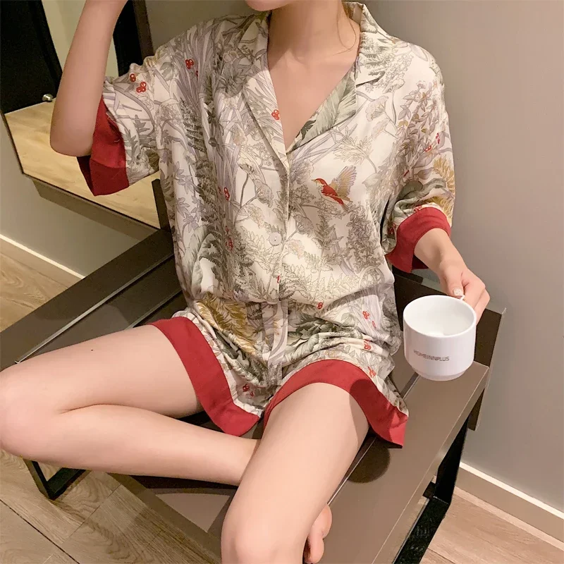 Women Pajamas Set Spring Summer Short Sleeve Silk Fashion Sleepwear 2 Piece