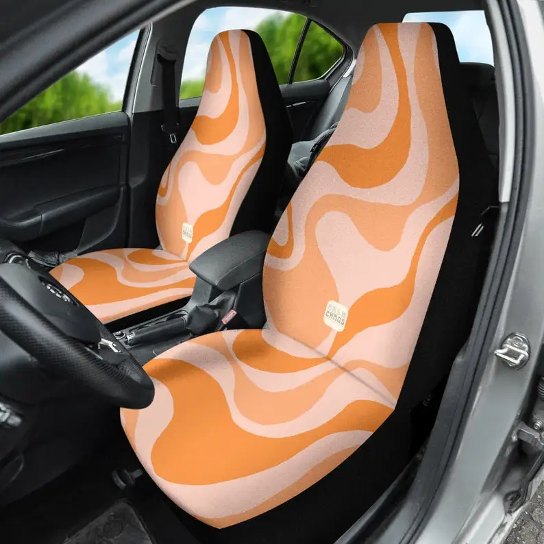 

Peach Groovy Retro Boho Waves Cute Y2K Hippie Car Seat Covers for Vehicle for Women Set of 2