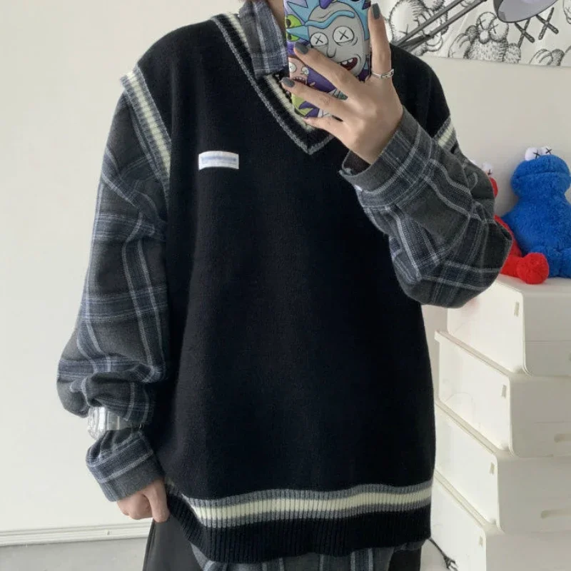 Sweater Vest Men V-neck Shrug Patchwork Knitted Couples Ins Plus Size 3XL Oversize Harajuku Vests Chic Korean Style Leisure