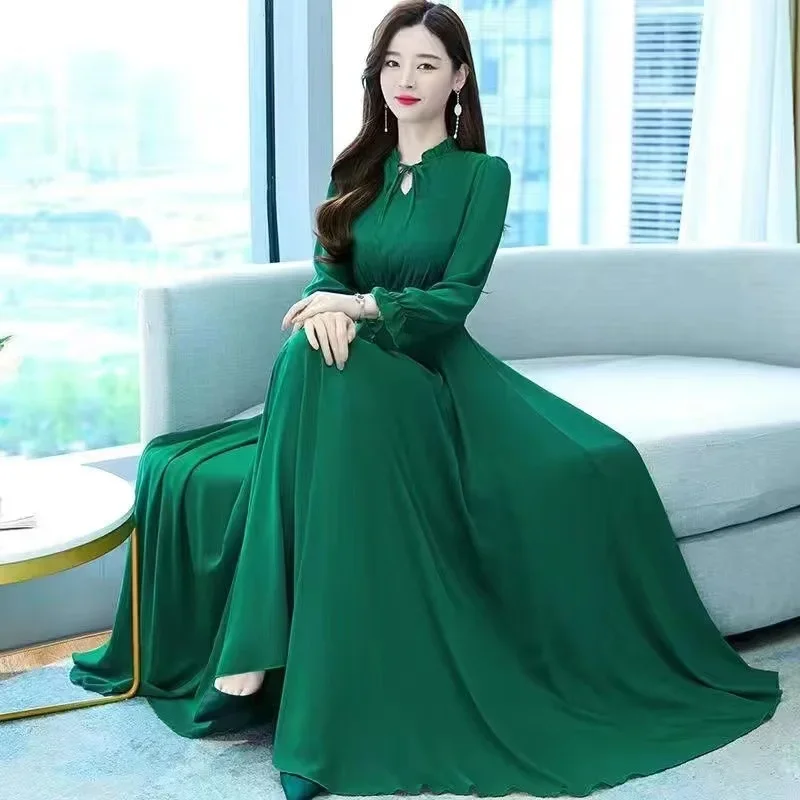 

Solid Chiffon Long Sleeve Dress Women Evening Party Maxi Dresses 2024 New Spring Autumn Elegant Ladies Bohemian Beach Dress 4XL