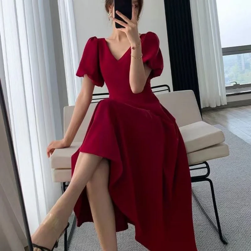 

Summer Elegant V Neck Puff Sleeve Red Dress for Women Casual A Line Wedding Birthday Party Vestidos Fashion Female Clothing