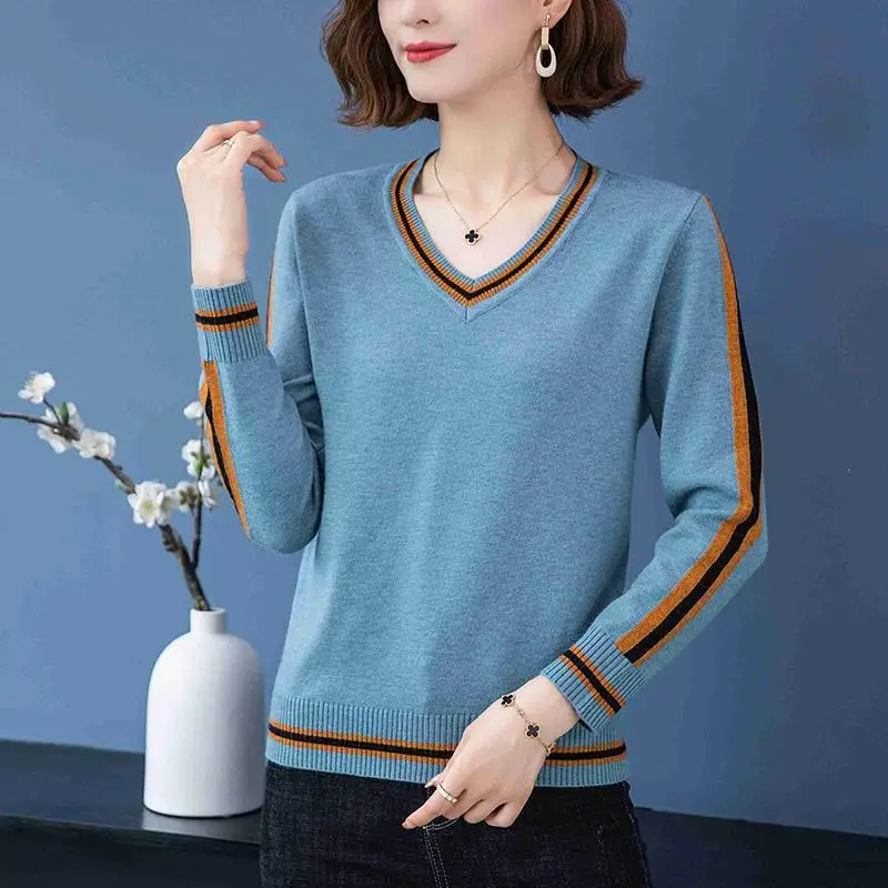 

Autumn Winter Women's Pullover V-Neck Solid Screw Thread Striped Long Sleeve Sweater Knitted Fashion Casual Undershirt Tops