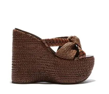 

Dark Brown Apricot Plaited Wood Platform Wedges Slip On Slide Slippers Women Cross Rope Hollow Casual High Heel Beach Shoes Lady