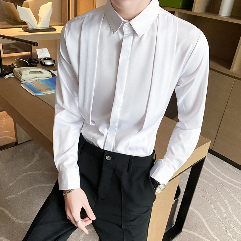 

British Style Fashion Fold Design Tuxedo Shirts Men Long Sleeve Slim Fit Casual Shirt Social Party Tops Plus Size 4XL 5XL