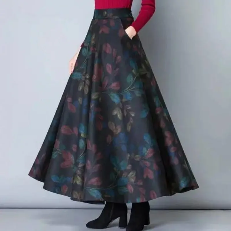2023 Autumn and Winter Women's High Waist Elastic Patchwork Pockets Printing Loose Fashion Casual Elegant Commuting Skirts