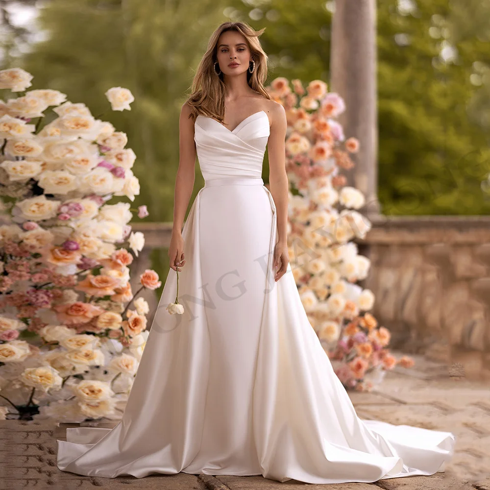 

Modern Satin Wedding Dress Sweetheart Sleeveless Pleat Mermaid Bridal Gown Detachable Skirt Vestido De Noiva Custom Size
