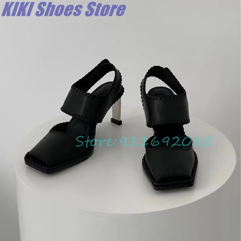 

Sandals women's spring new side empty back strap small leather shoes square heel square head high heels all-match single shoes