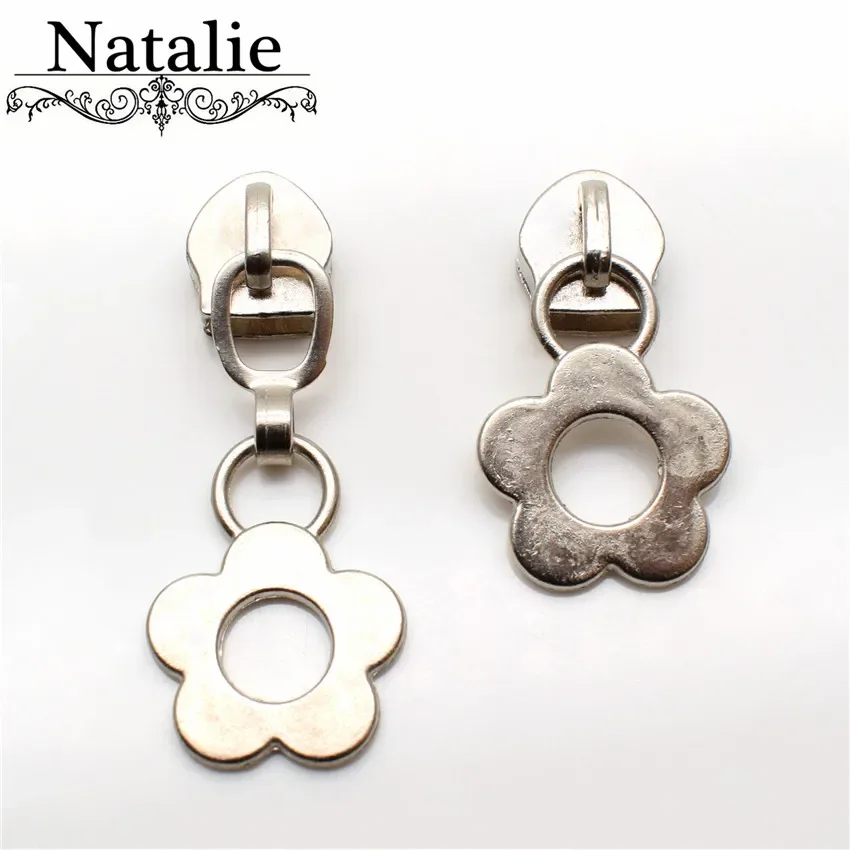 10pcs 5# Nylon Zipper Slider Silver Plating Metal Flower Zipper Pull Repair Kits Coat Wallet Suitcase Accessories Tailor Tool