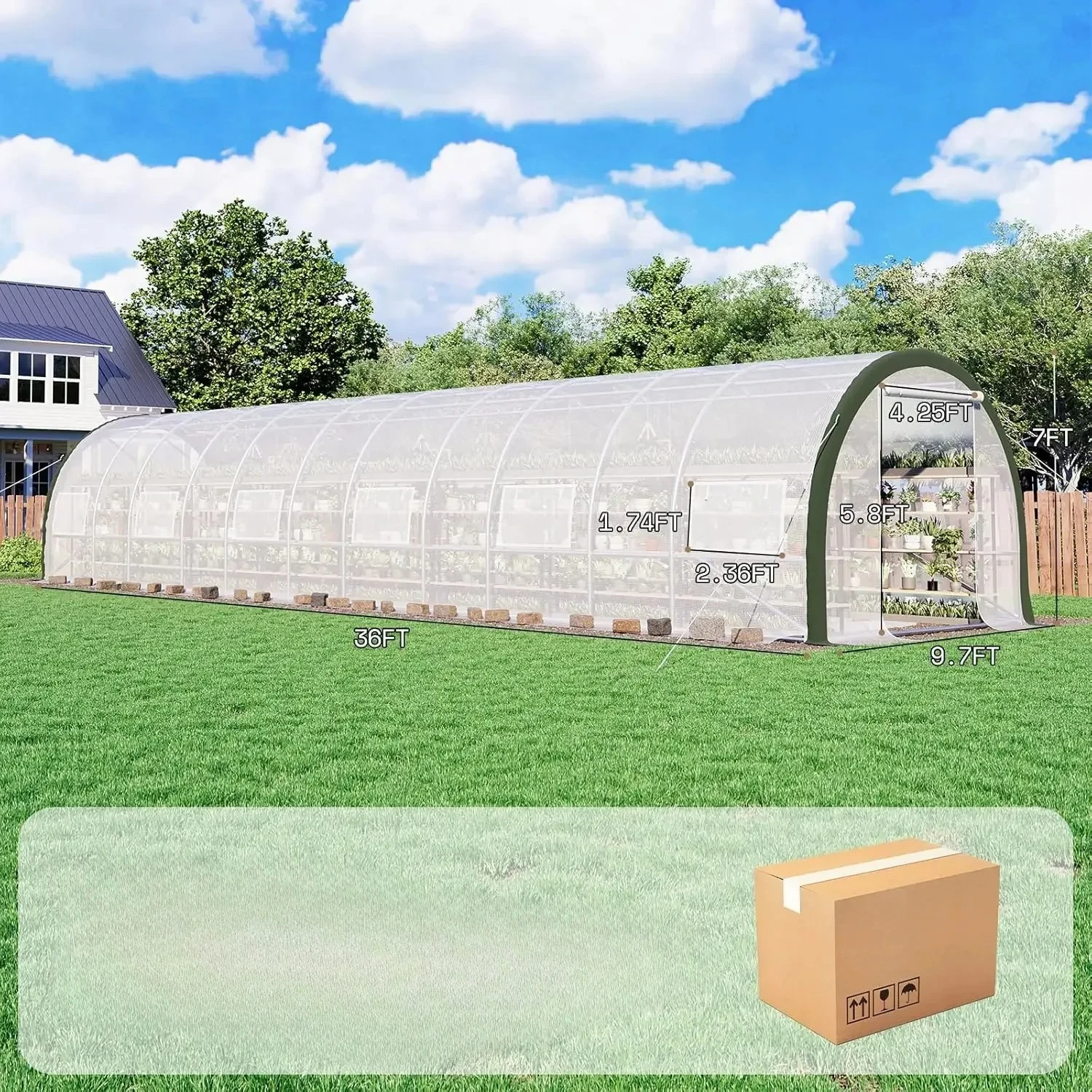 36x9.7x7 FT Large Walk-in Tunnel Greenhouses for Outdoors with Watering System 2 Zipper Doors, Heavy Duty Greenhouse Upgraded