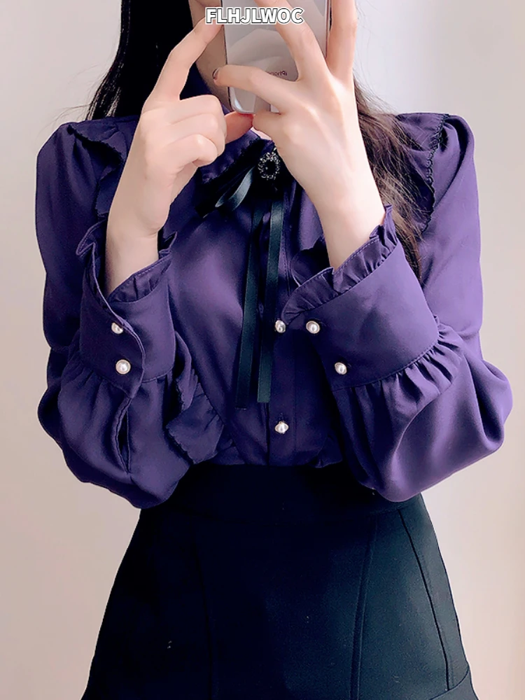 2022 Woman Cute Sweet Girls Thin Semi Transparent Ribbon Bow Tie Retro Vintalge Top Blusas Purple Green White Button Shirts