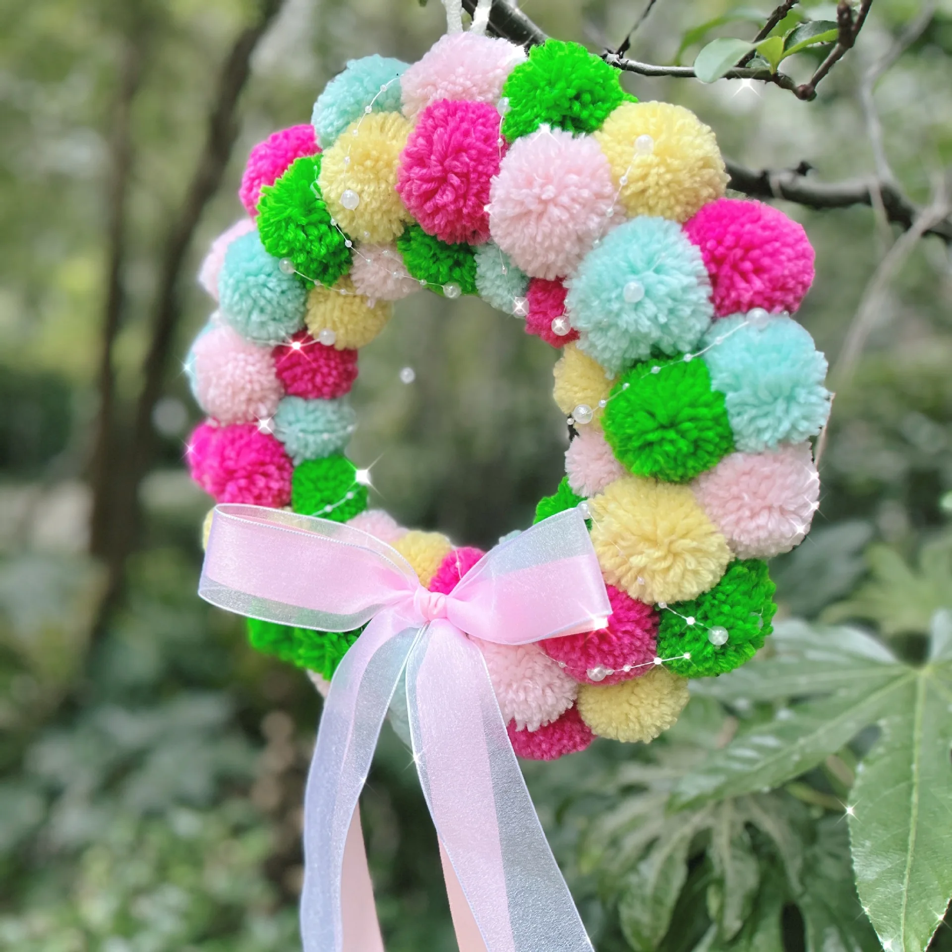 easter Wreath Felt Pom Pom Wreath Balls 11.8 Inch Decorations Colorful Felt Ball