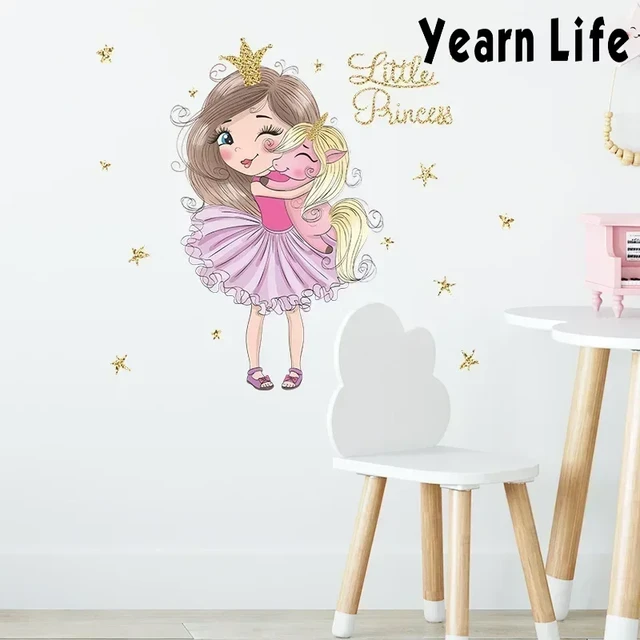 Cartoon adesivi murali piccola principessa e unicorno adesivi murali  decorativi in vinile Nursery Mural Poster Baby Girl Bedroom Decoration -  AliExpress