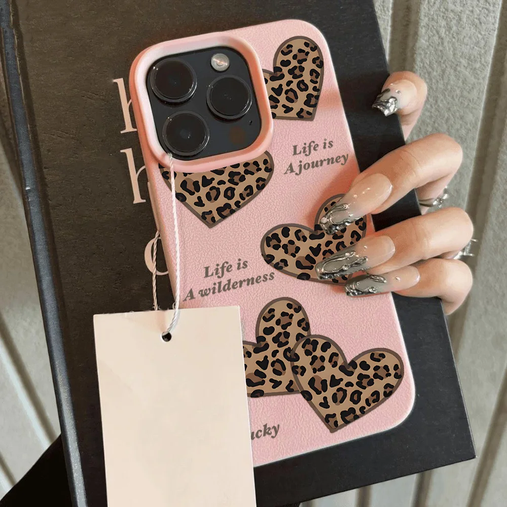 Leopard Print Leather Soft Matte Phone Case with Lichee Pattern