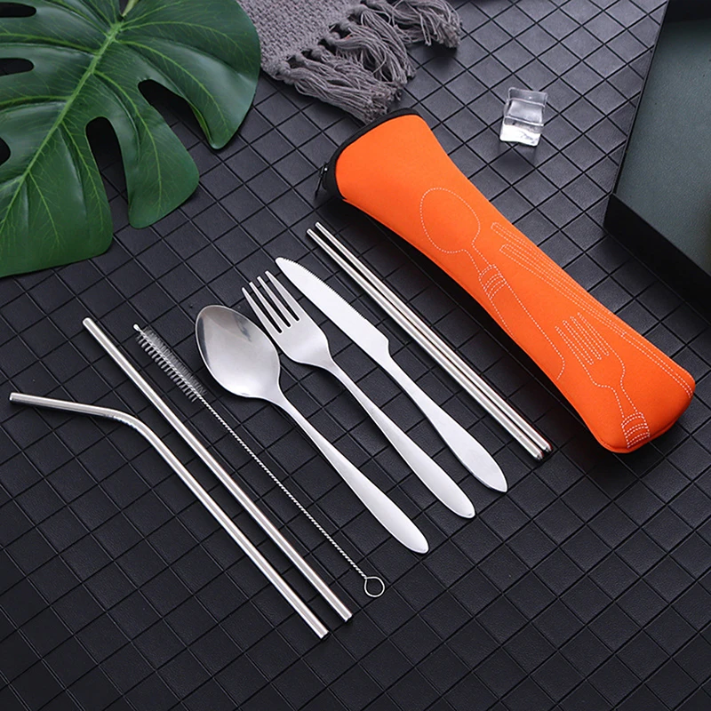 Stainless Steel Tableware Straw Fork Spoon Family Travel Camping Cutlery 8Pcs