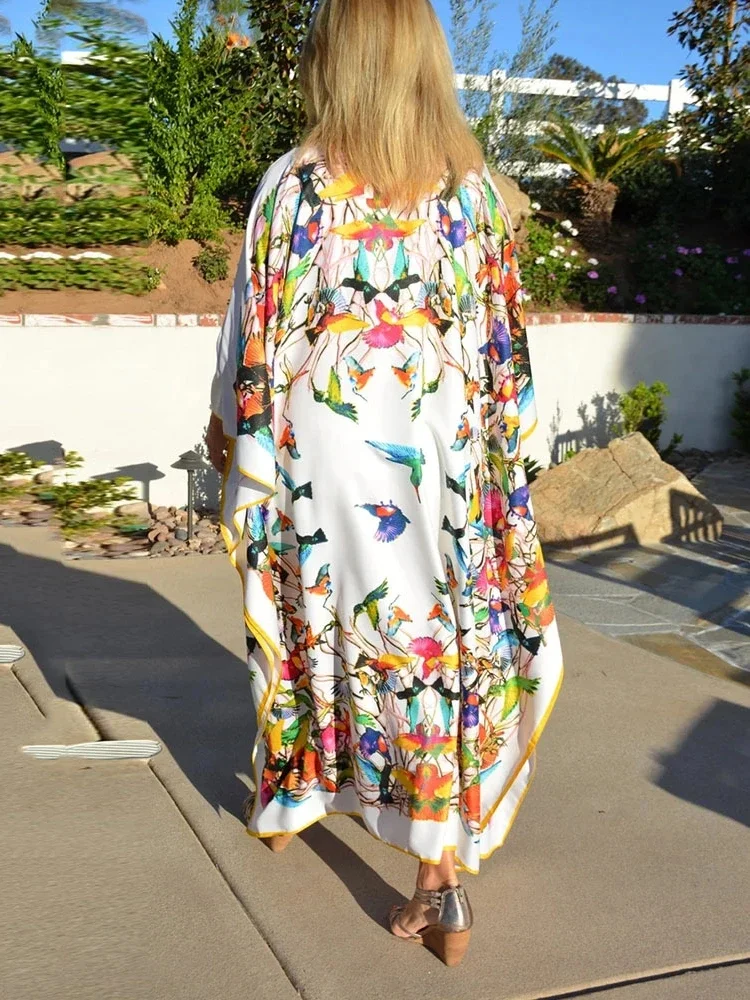 Beach Dresses Bird Bohemian Kaftans for Women Kimono 2023 New Large Size Loose Bikini Cover Ups Maxi Robe Elegant Swimsuit