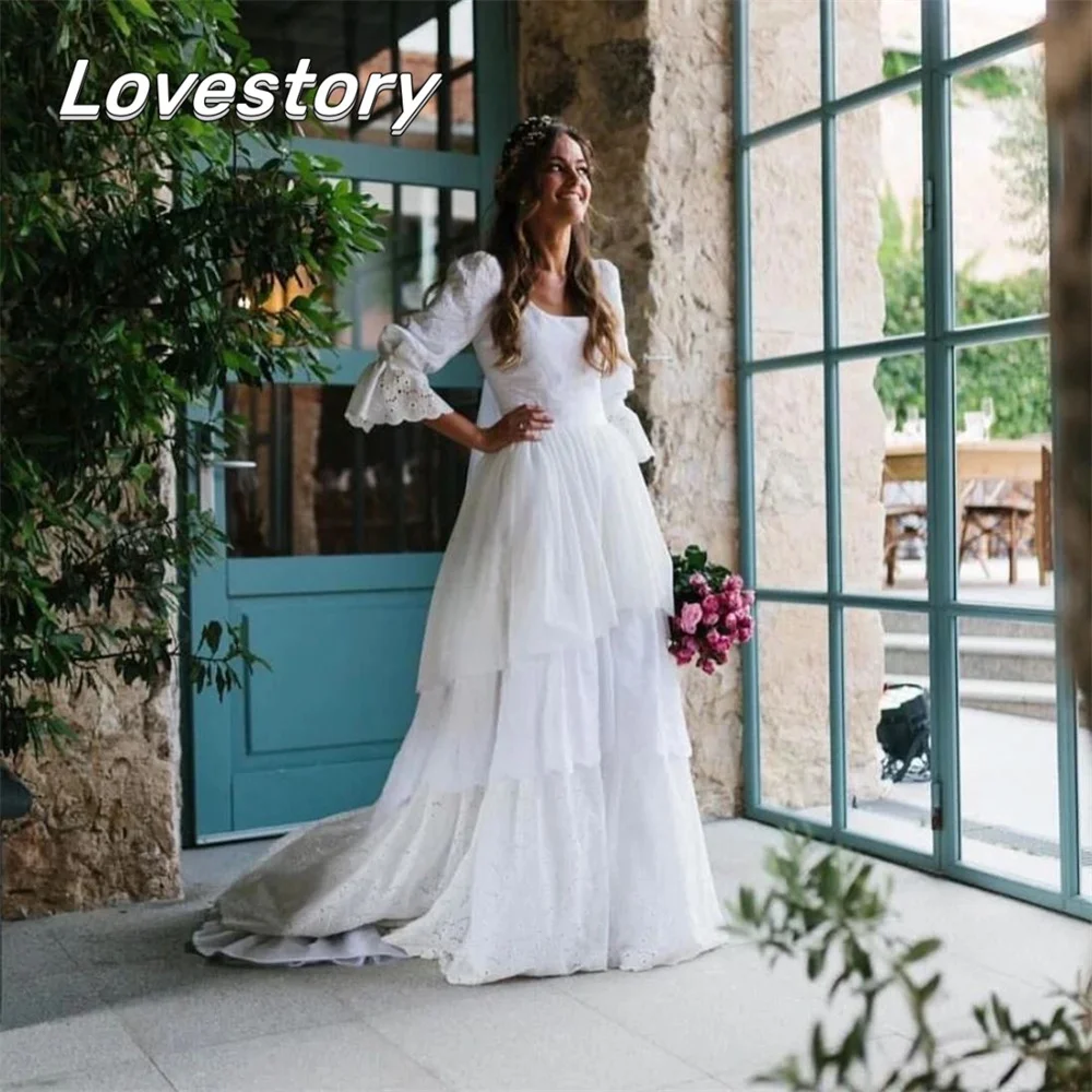 Simple Modern A Line Women's Wedding Dresses Charming Square Collar Bride Gowns Sleeveless Backless Sequined