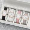 4PCS/Set Fashion Women's Watch Casual Leather Strap Versatile Round Dial Quartz Watch Set 1
