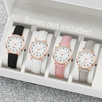 4PCS/Set Fashion Women's Watch Casual Leather Strap Versatile Round Dial Quartz Watch Set 1