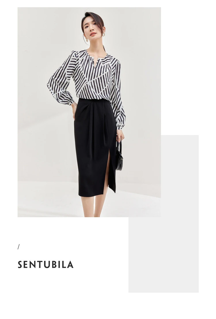 SENTUBILA Women Elegant Print Chiffon Blouses and Tops 2025 Contrast Striped Round Neck Puff Sleeve Loose Autumn Shirts 133V5130