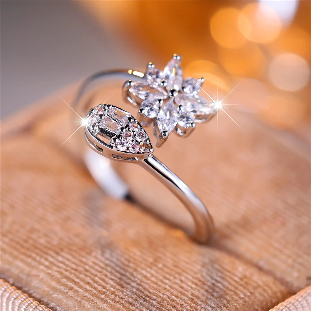 Cute Female Small White Zircon Stone Open Adjustable Ring Vintage Silver Color Wedding Jewelry For Women