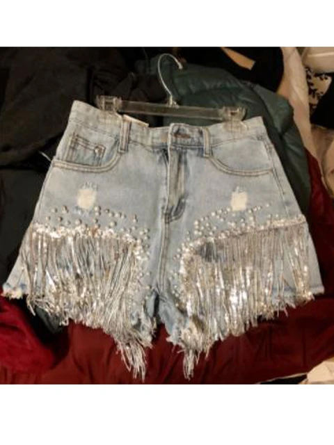 2021 Women Spring Summer New Elegant Shorts Lady Tassel Beading High Waist Wide Leg Denim Shorts Female Casual Solid Shorts image color