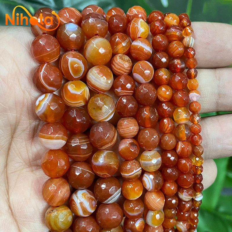 

Natural Red Striped Agates Onyx Beads Faceted Round Loose Beads 4/6/8/10/12mm DIY Bracelet Earrings Jewelry Making 15'' Strand