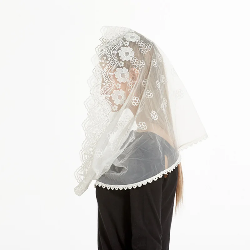 

Lace-mesh Headscarf Religious Church Style Embroidered Soft Gauze Shawl Infinity Scarf