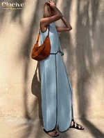 Clacive Summer Loose White Cotton 2 Piece Sets Woman Outfit 2025 Fashion Sleeveless Tank Top With High Waist Slit Wide Pants Set - Image 4