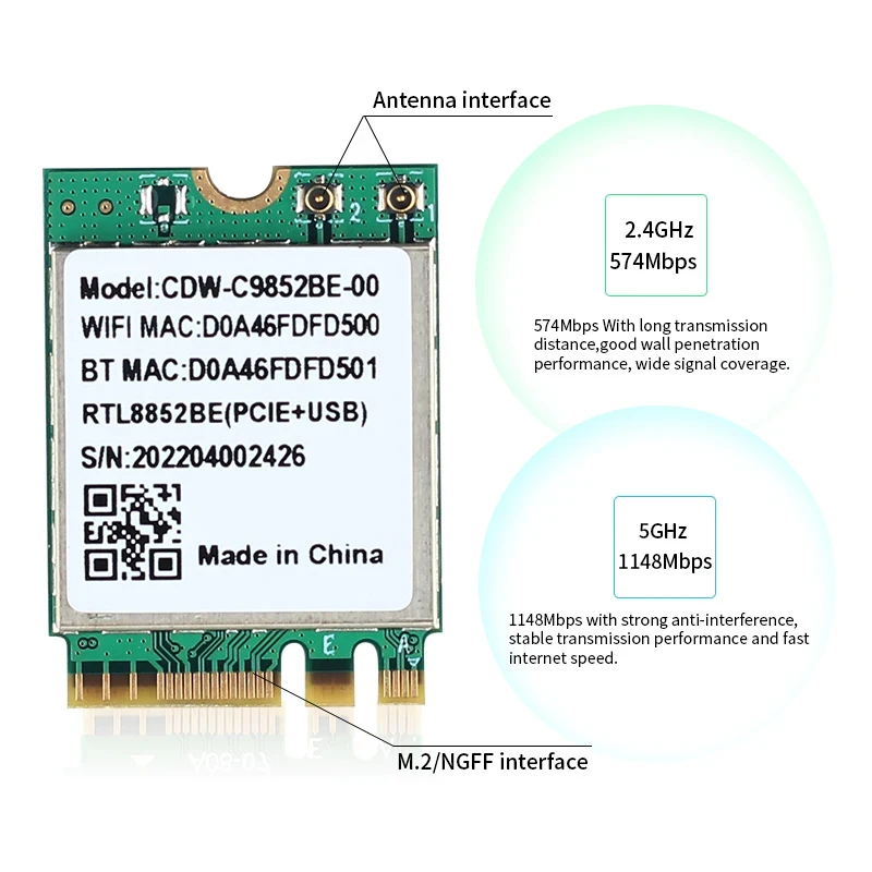Realtek RTL8852BE M.2 NGFF 어댑터 용 WiFi 6 듀얼 밴드 AX1800 노트북/PC 용 Bluetooth 5.0 무선 802.11AX 2.4G/5G Wlan 카드