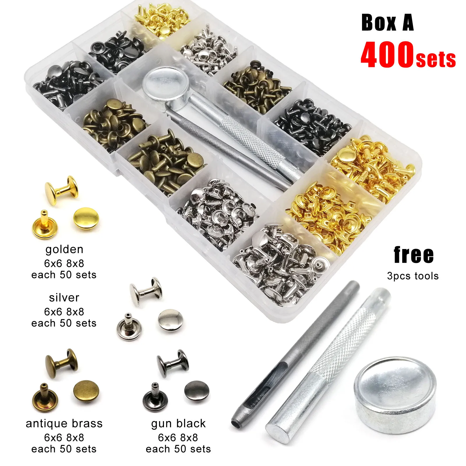 Brass Double Cap Tubular Rivets With 3 Part Hand Tool Set for Leather Craft  Bag, Belt, DIY Craft Projects, Clothing Repair, 4mm 15mm 100pcs 