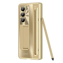 Touch Pen Tempered Glass Phone Cover with Stand and 360° Full Protection for Galaxy Z Fold 4 (Gold)
