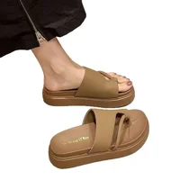 Women's Roman Style Thick Heel Anti-Slip Wear-Resistant Sandals PVC Bottom Flat Sandals Beach Slippers Enhanced Height Ladies Sl