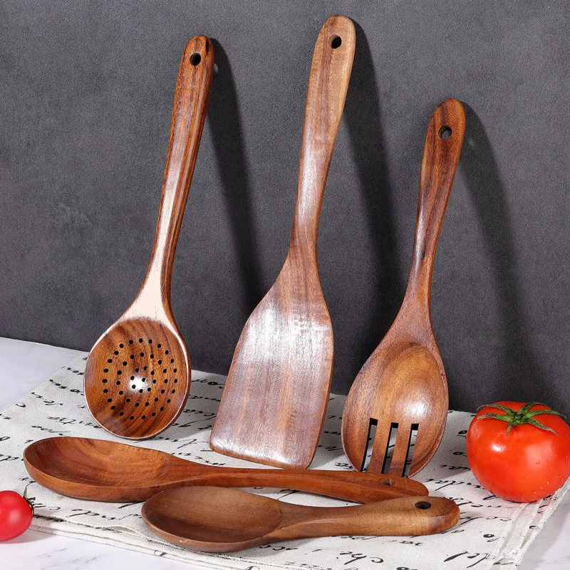 Teak cooking spatula 5-piece set, non stick pan, long handled wok, spatula, spoon, wooden kitchen utensils, essential kitchen 3